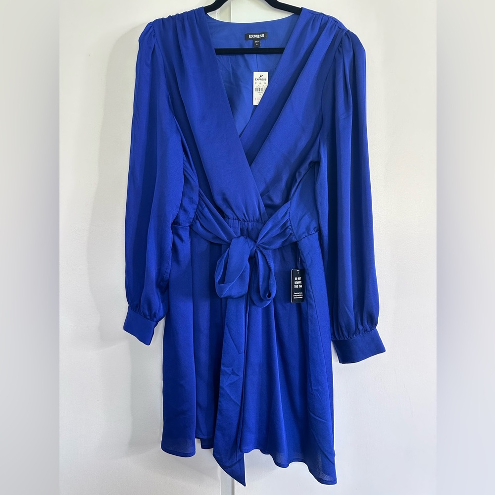 Express Blue Wrap Dress with Bishop Sleeves